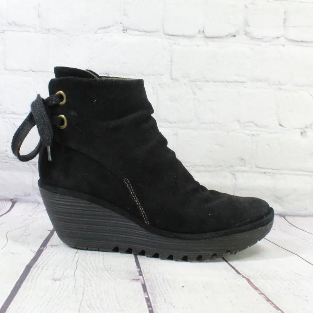 FLY London Yama Black Suede Wedge Ankle Bootie Boot Size 40 US 10 - Picture 1 of 9